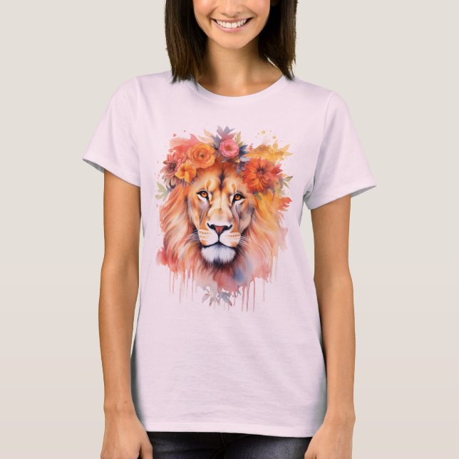 Camiseta Lion Pastel Flowers Safari Watercolor Savannah Cat (Frente)