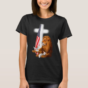 Camiseta Lion Patriótico Cristão E Pomba Cruzada De Carneir
