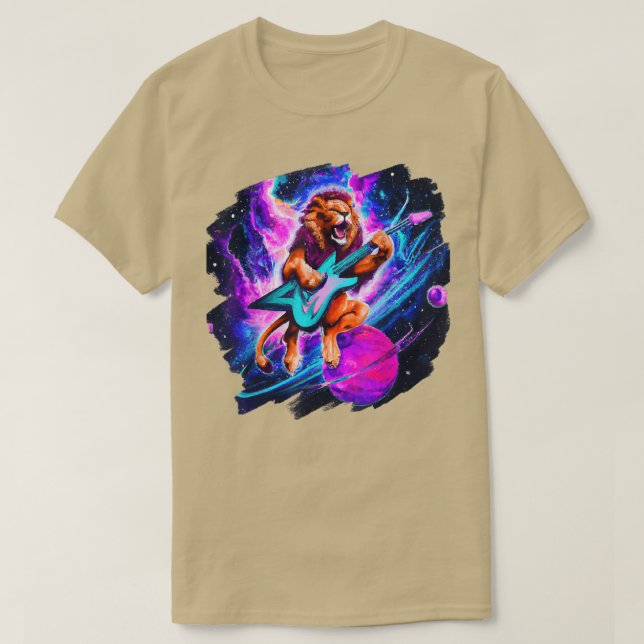 Camiseta Lion Playing Guitar in Space Outer Space Music Lio (Frente do Design)