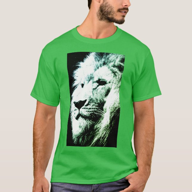Camiseta Lion Pop de Arte Moderna Rosto Verde Elegante Masc (Frente)