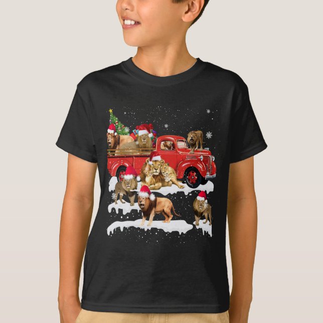 Camiseta Lion Riding Red Truck Feliz Natal X mas Ugly G (Frente)