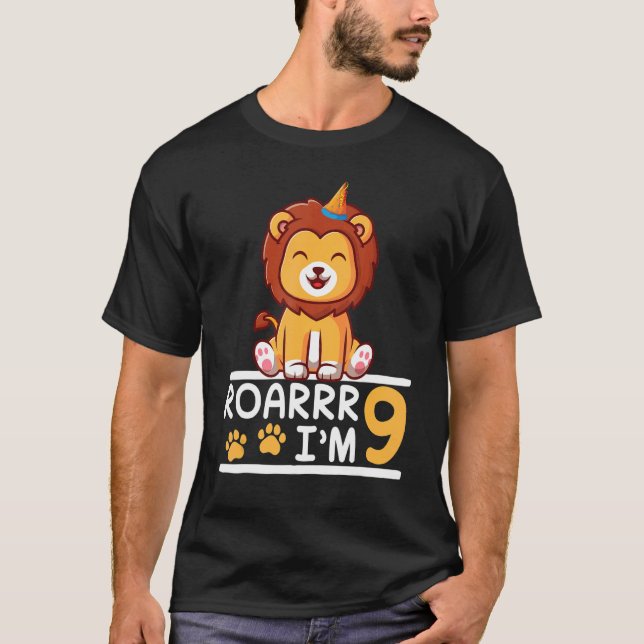 Camiseta Lion Roarrr, tenho 9 anos Feliz meu aniversário (Frente)