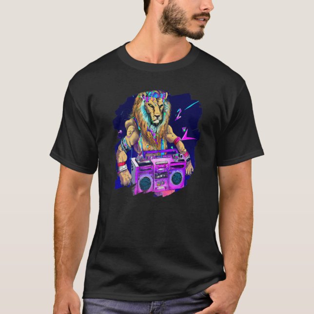 Camiseta Lion Stereo Techno Cool Lion DJ Music Retro (Frente)