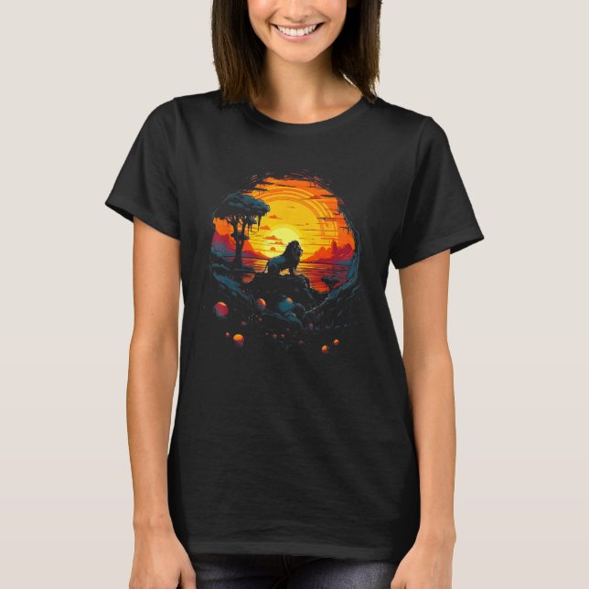 Camiseta Lion With Sunset Retro Landscape Graphic (Frente)