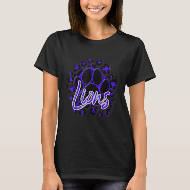 Camiseta Lions Purple Black Cheetah School Sports Fan Team  (Frente)