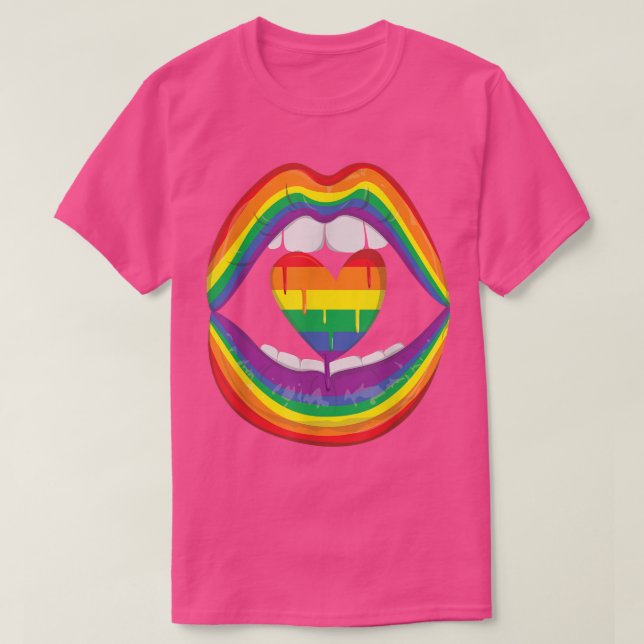 Camiseta Lips Mouth Rainbow Heart Gay LGBTQ LGBT Pride Mont (Frente do Design)