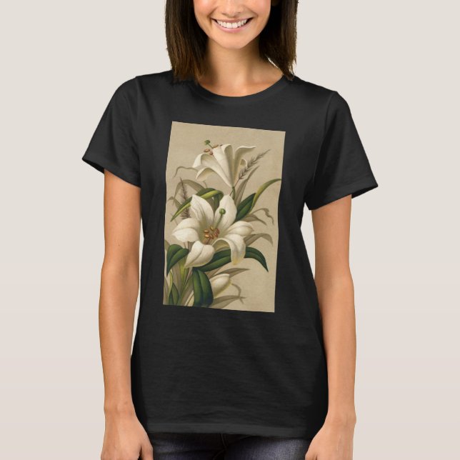 Camiseta Lírios de Páscoa Antigos, Flores Vitorianas em Flo (Frente)