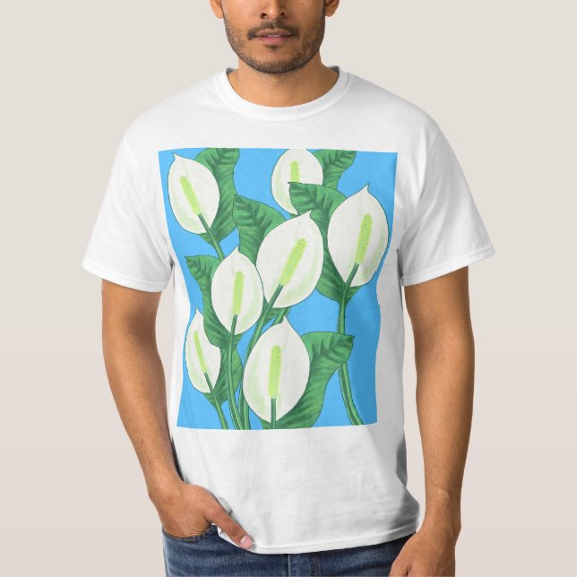 Camiseta Lírios de paz brancos em fundo azul pálido (Frente)