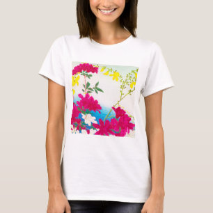 Camiseta Lírios japoneses - magenta, azul amarelo