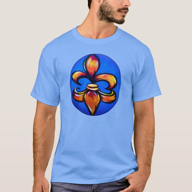Camiseta Lís de Flor laranja contra fundo azul (Frente)