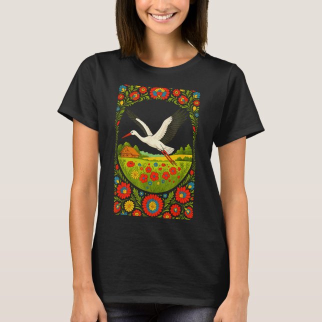 Camiseta Lish Stork Folk Art Lska Countryside Design  (Frente)
