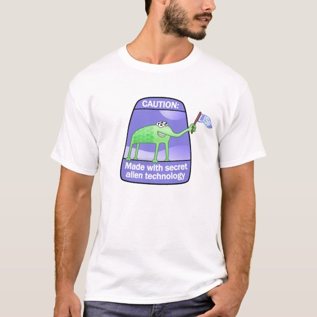 Camiseta Lisp: Feito com tecnologia estrangeira secreta (Frente)