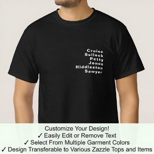 Camiseta Lista de apelidos editáveis personalizáveis famoso