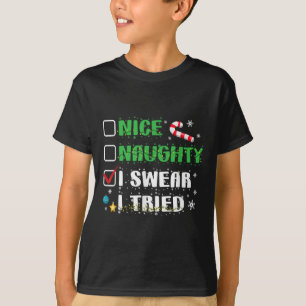 Camiseta Lista de Natal Divertida Bom Mal Eu Juro Que Tente