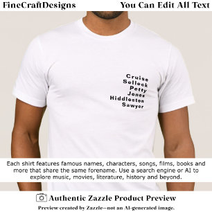 Camiseta Lista de Sobrenomes Editáveis Famosos Notáveis Per
