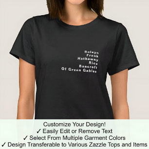 Camiseta Lista de Sobrenomes Editáveis Famosos Notáveis Per