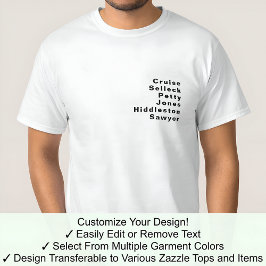 Camiseta Lista de Sobrenomes Editáveis Famosos Notáveis Per