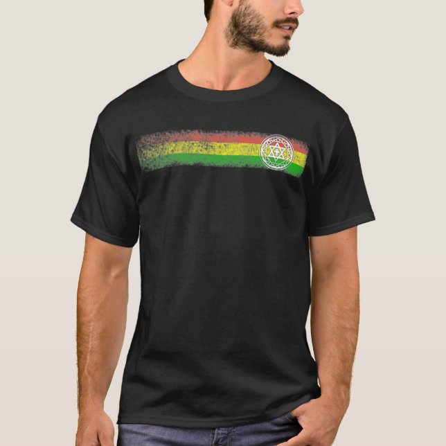 Camiseta Listras da reggae de Rasta com estrela e cruz (Frente)