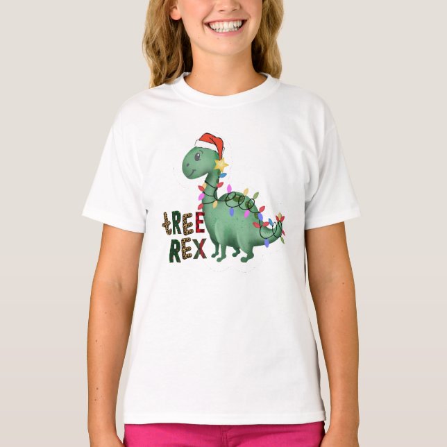 Camiseta Lit Dinosaur Tee, Crianças, T-Rex Árvore de Natal (Frente)