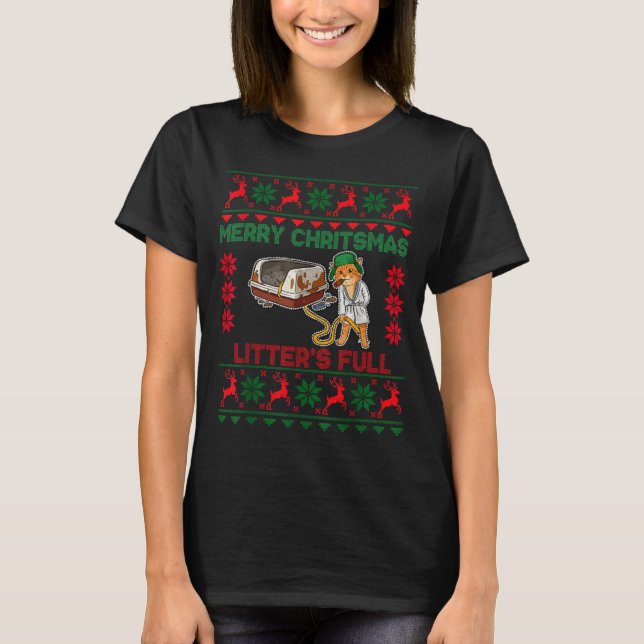 Camiseta Litter's Full Merry Christmas Funny Cat Lover Ugly (Frente)
