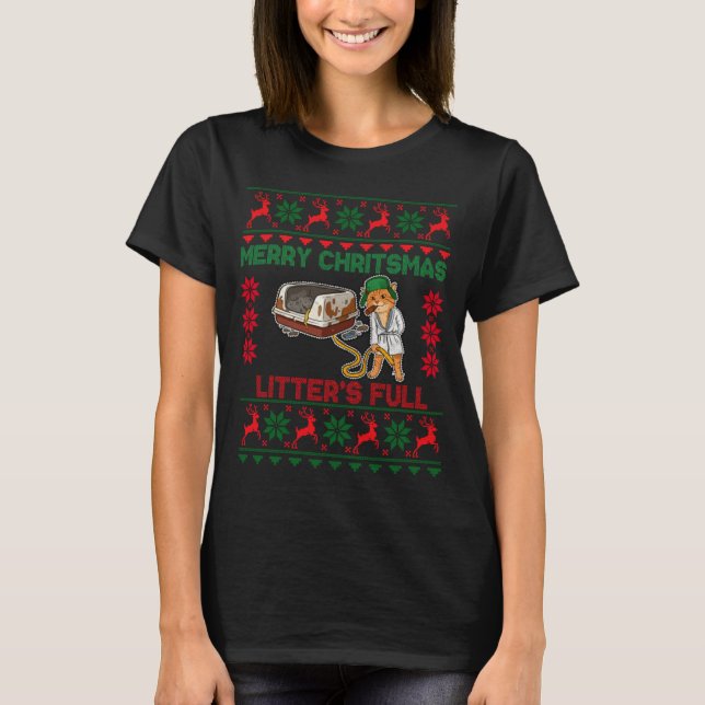 Camiseta Litter's Full Merry Christmas Funny Cat Lover Ugly (Frente)