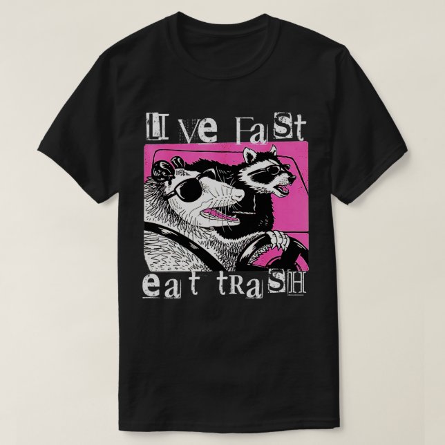 Camiseta Live Fast Come Trash Funny Possum Racoon Retro Sun (Frente do Design)