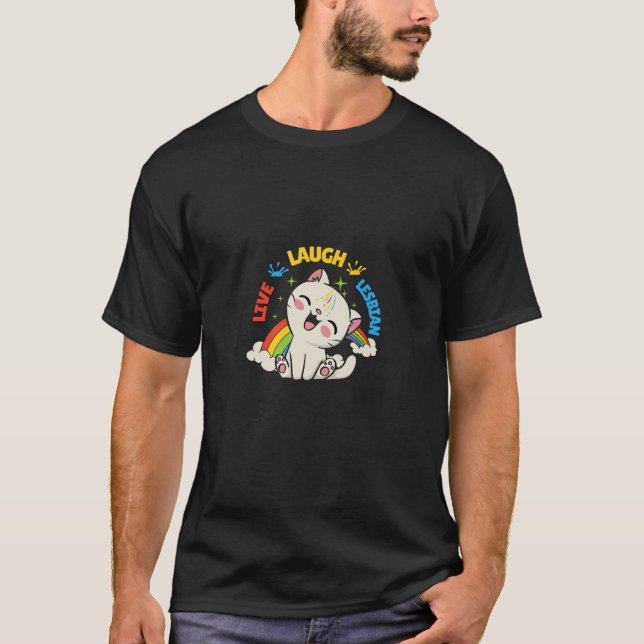 Camiseta Live Laugh Lesbian Flag Rainbow Cat Pride Mont Ki (Frente)