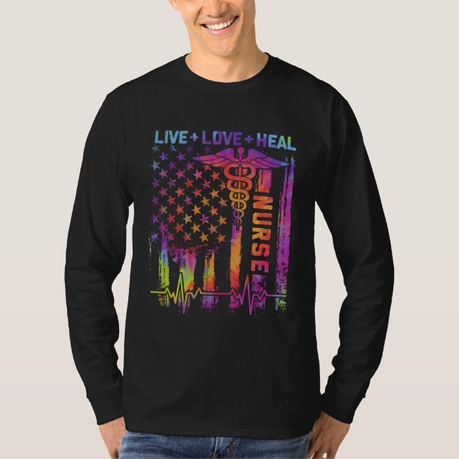 Camiseta Live Love Heal American US Flag Heartbeat Nurse Da (Frente)