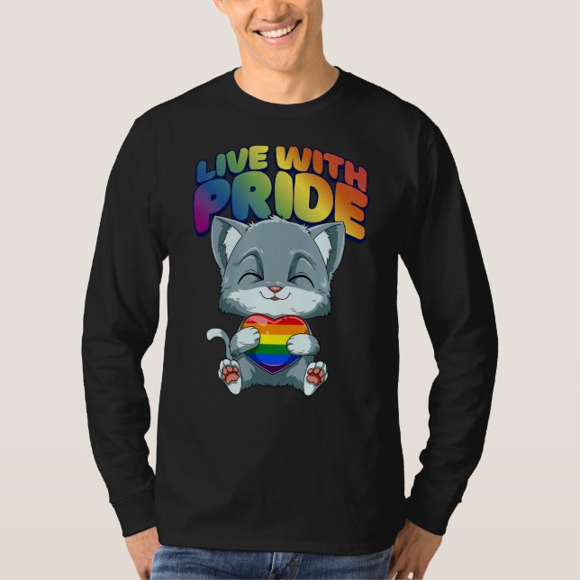 Camiseta Live With Pride LGBTQ Heart  Cat Hugging LGBTQ Hea (Frente)