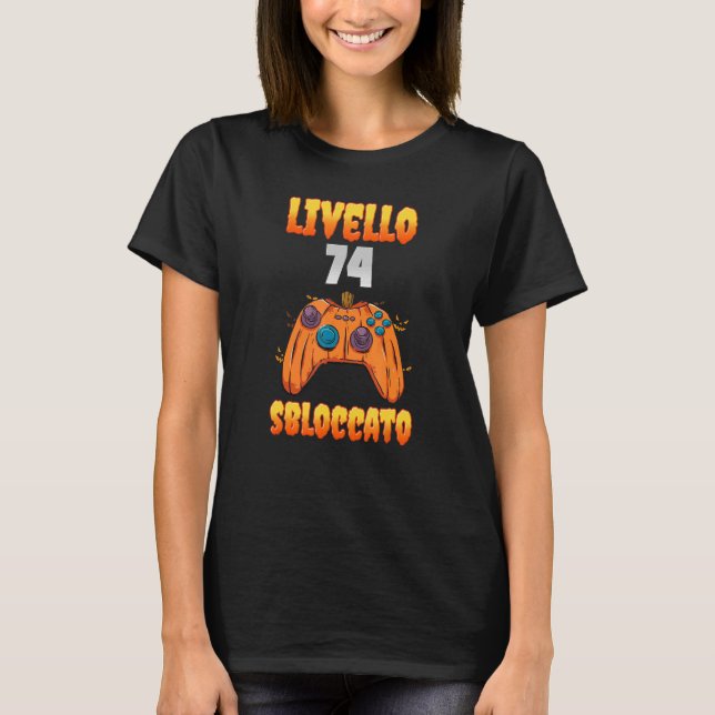 Camiseta Livello 74 Sbloquecato 74 Compleão 74 Anni Videogi (Frente)
