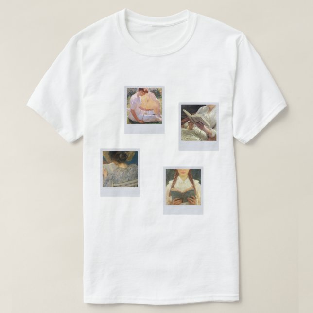 Camiseta livrarias - pinturas sobre polaroides (Frente do Design)