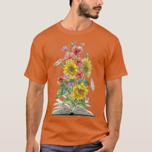 Camiseta Livro Aberto por Aquarelas com Girassóis e Poppies