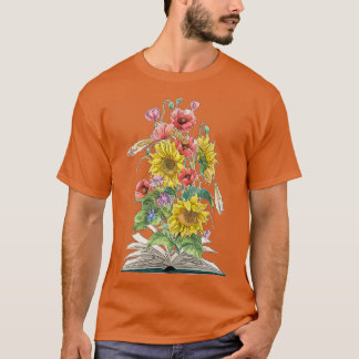 Camiseta Livro Aberto por Aquarelas com Girassóis e Poppies