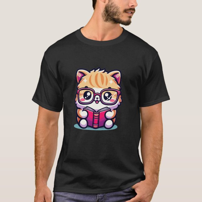 Camiseta Livro Adorável Sobre Gato Persa Com Vidro De Leitu (Frente)