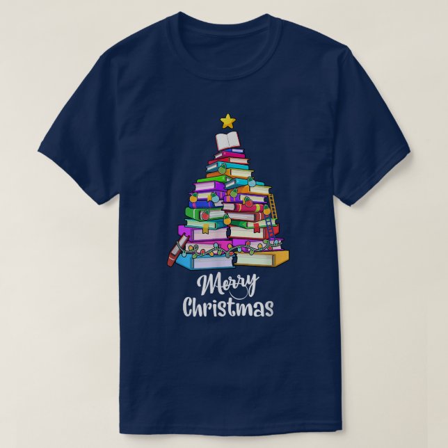 Camiseta Livro de Árvore Natal Luzes de Natal Feliz Bibliot (Frente do Design)