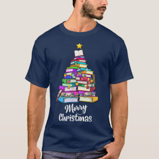 Camiseta Livro de Árvore Natal Luzes de Natal Feliz Bibliot