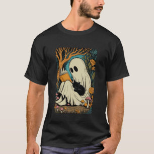 Camiseta Livro de Leitura Fantasma Groovy Gato Preto Hallow
