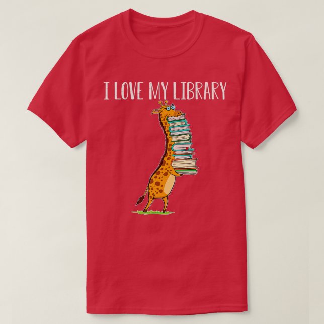 Camiseta Livro Engraçado Lendo Girafa Eu Amo Minha Bibliote (Frente do Design)