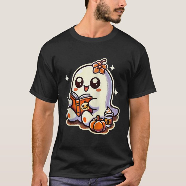 Camiseta Livro Fantasma do Halloween Café Pumpkin Autumn Cu (Frente)