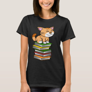 Camiseta Livro Lendo Gatos de Gato com Pilha de Livros