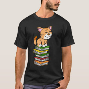 Camiseta Livro Lendo Gatos de Gato com Pilha de Livros