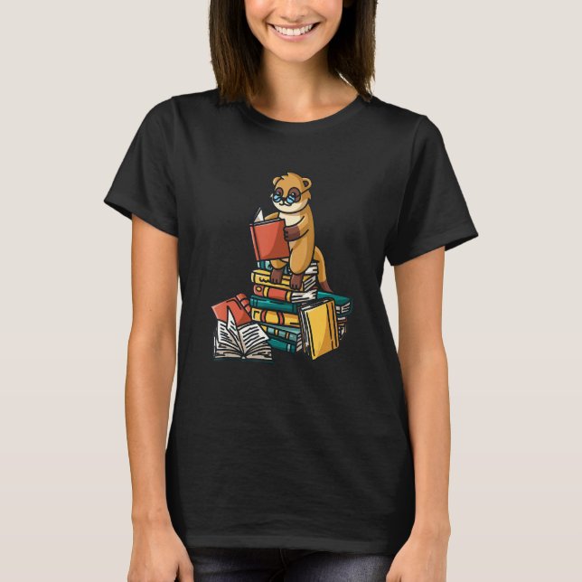 Camiseta Livro Meerkat Sentado Na Pilha Do Livro (Frente)