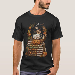 Camiseta Livros de Abóbora de Cachorro Gato Outono Aconcheg