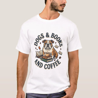 Camiseta Livros de Cachorros Café Bulldog Pilha Xícara_1