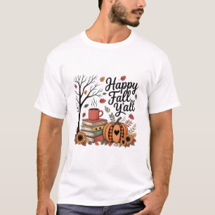 Camiseta Livros de Café Feliz e Bonito Folhas de Outono