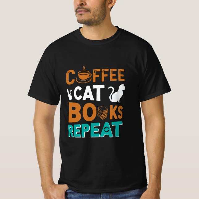 Camiseta Livros de café para gatos Repetir, ler e amantes d (Frente)