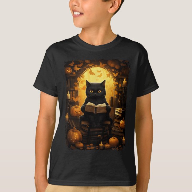 Camiseta Livros de Leitura de Gatos Negros Pumpkin Outono P (Frente)