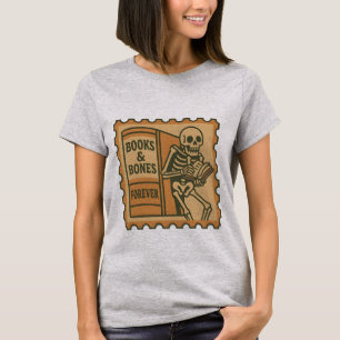 Camiseta Livros e Ossos para Camisa-T - Esqueleto Gótico