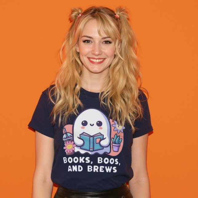 Camiseta Livros e quebra fantasmas de leitura de café (Books Boos and Brews Groovy Reading Coffee Ghost T-Shirt.)
