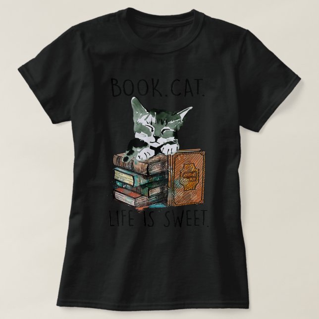 Camiseta Livros Gatos A Vida É Pecado Com Livro De Gatos E  (Frente do Design)
